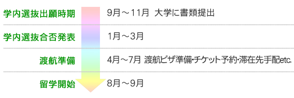 ・学内選抜出願時期：9月～11月　大学に書類提出・学内選抜合否発表：　1月～3月・渡航準備：　4月～7月　渡航ビザ準備・チケット予約・滞在先手配etc.・留学開始：8月～9月